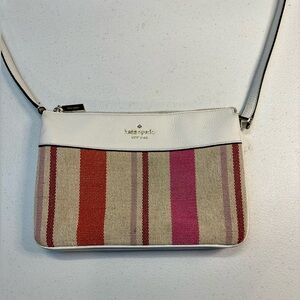 Kate Spade New York Striped Canvas White Leather Crossbody Bag Gold Hardware